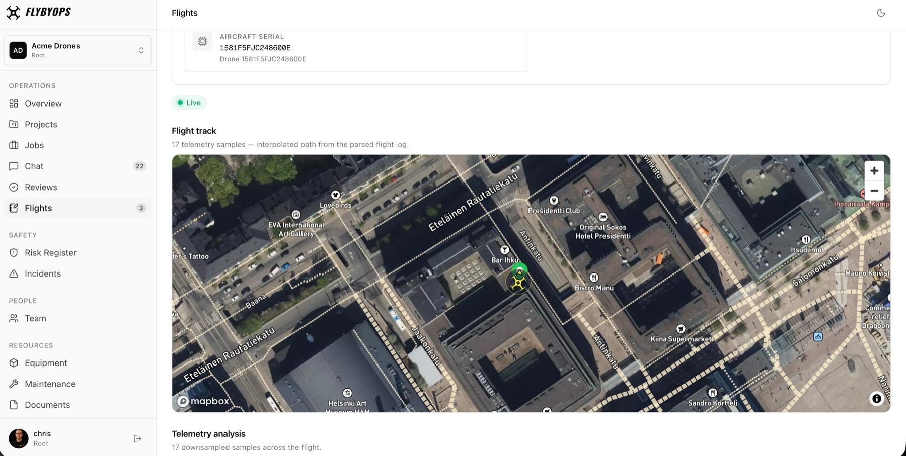 A drone flight in progress in FlybyOps, marked Live, with the aircraft's position shown on a satellite map as the flight continues